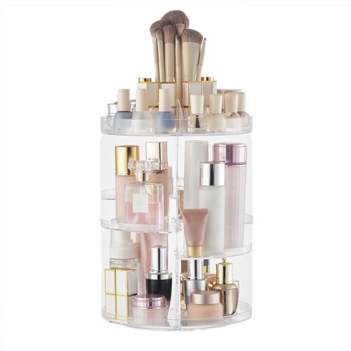 SUNFICON Rotating Makeup Organizer 360 Rotation Cosmetic Storage Holder Crystal Clear Acrylic Makeup Turntable Spin Display Stand Bathroom Bedroom Countertop Vanity Dressing Table Gift Girl Lady Women