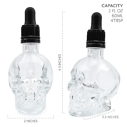 Cornucopia Brands Skull Glass Dropper Bottles (Pack of 2, 2oz, Clear) Bitter Flavor Tattoo and Beard Oil Dispenser
