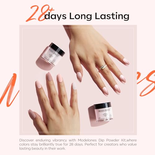 Modelones Dip Powder Nail Kit, 4 Colors Nude Pink Glitter Dipping Starter Set with Liquid and Complete Accessories for French Nails Art Salon DIY at Home Manicure