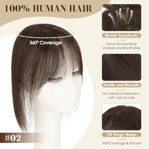 S-noilite Hair Toppers for Women with Bangs 100% Human Hair 360¡Æ3D Cover Clip in Wispy Bangs Short Topper Hairpieces for Women Dark Brown