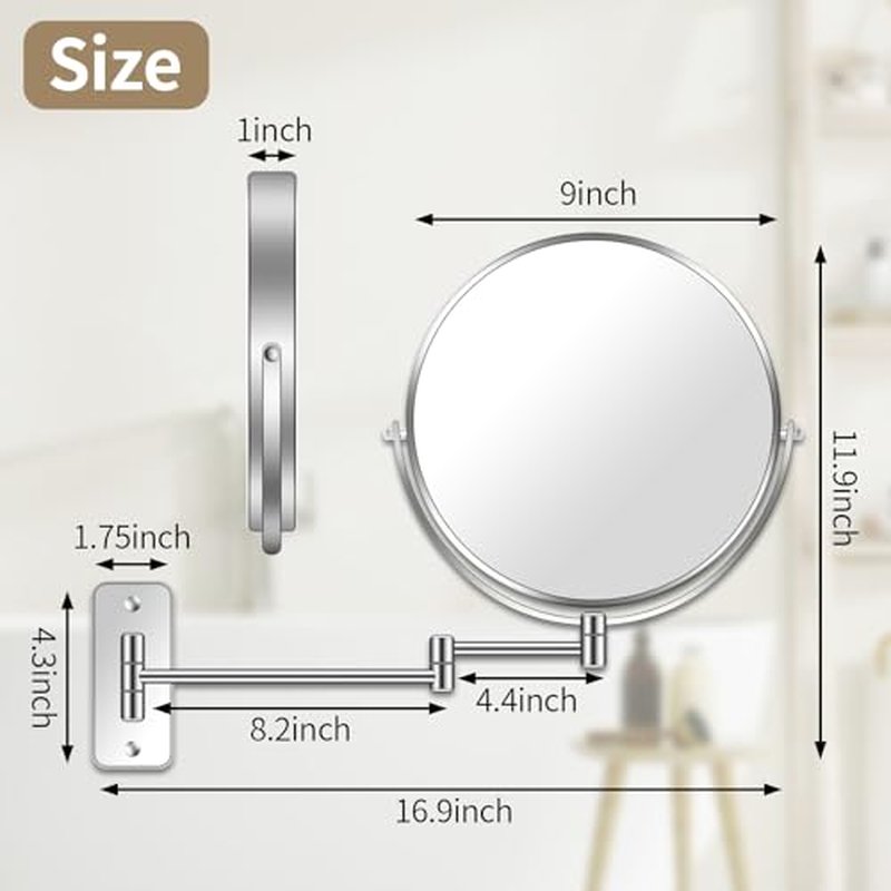 9¡± Large Wall Mounted Makeup Mirror 1X/7X Double-Side Bathroom Magnifying Mirror 360 Swivel Vanity Mirror Extendable Shaving Wall Mount Cosmetic Mirror for Men and Women, Chrome