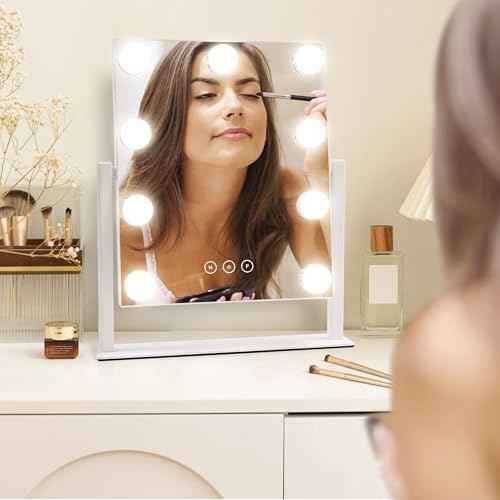 Generic Vanity Mirror with Lights, 9 Dimmable Bulbs, 3 Color Lighting Modes, Detachable 10x Magnification, Touch Control, Tabletop Mount, 3"L x 2"W, White
