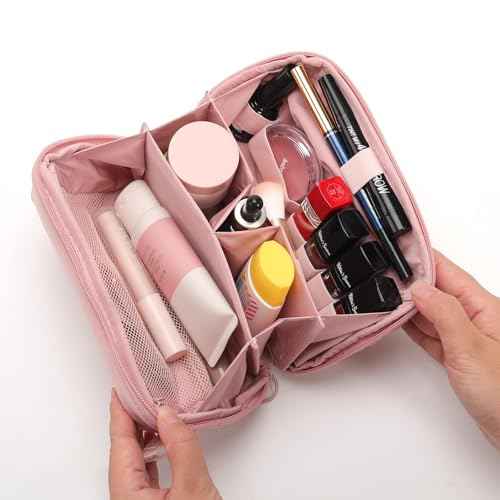 Makeup Bag for Travel Medium Cosmetic Case for Women Large Capacity Portable Zipper Cosmetic Organizer with Compartments Pink
