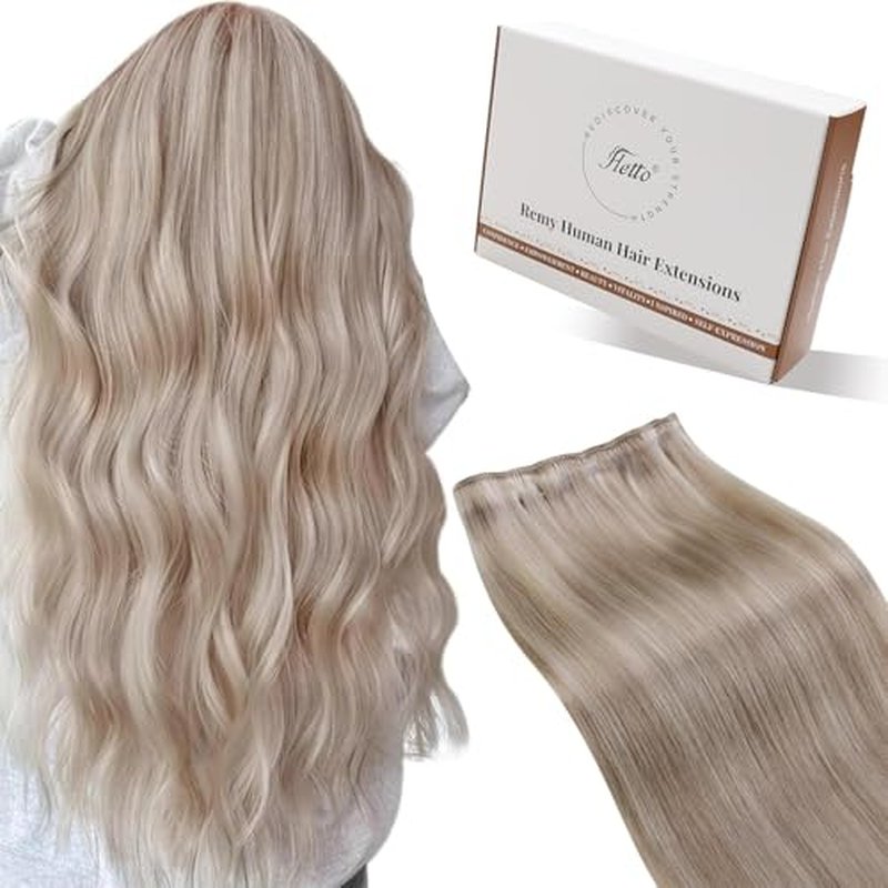Hetto Sew in Hair Extensions Real Human Hair Ash Blonde Highlights Weft Hair Extensions Human Hair Blonde Highlights Sew in Hair Extension Double Weft 22 Inch 100g