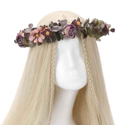 Purple Flower Crown Headband - Handmade Fairy Floral Headpiece Artificial Vintage Rose Flower Headbands with Ribbon for Women Girls Wedding Renaissance Party Cosplay Photo Shoot