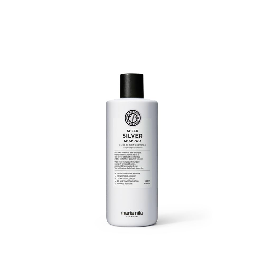 Maria Nila Sheer Silver, Silver/Purple Shampoo, Neutralizes Brassy Yellow/Golden Shades in Blonde, White & Grey Hairs, Violet Pigments Gives Cool Tone, 100% Vegan & Sulfate/Paraben free, 11.8 Fl Oz