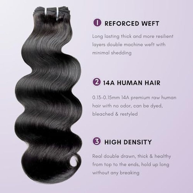 14A Raw Bundles Human Hair Body Wave, 100% Indian Virgin Raw Hair Bundles Wavy Long Lifespan No Shedding Double Drawn Premium Full-Bodied Quality Quick Weaves #Natural Black (14 14 14 Inch)