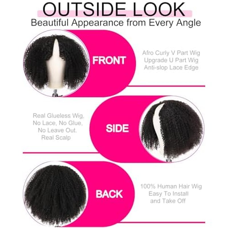 V SHOW V Part Wig Human Hair No Leave Out 180% Density Upgrade U part Afro Curly Wigs with Clips Glueless Wig Human Hair for Women Beginner Friendly No Lace No Glue 16Inch