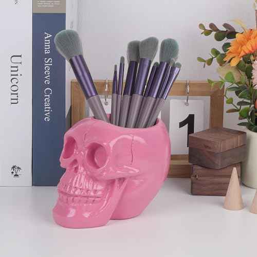 Skull Makeup Brush Holder, Skull Pen Holder, Gothic Skulls & Bones Organizer Bathroom Skeleton for Vanity Decor, Office Organizer, Planter (Pink)