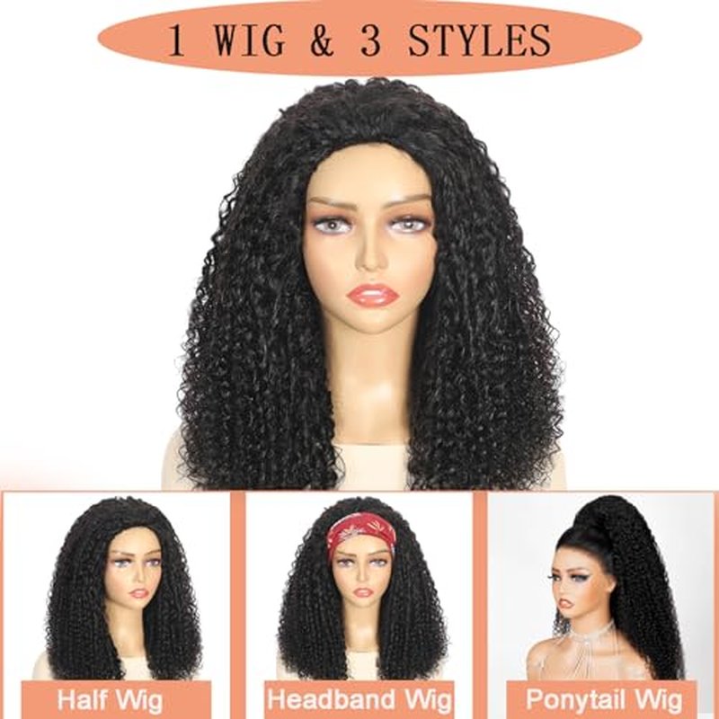Half Wig Human Hair 3 In 1 Special Curly Half Wigs for Black Women 200% Density Wear and Go Glueless Wig Drawstring Ponytail Seamless Flip Over No Lace Headband Wig Beginner Friendly 20 Inch