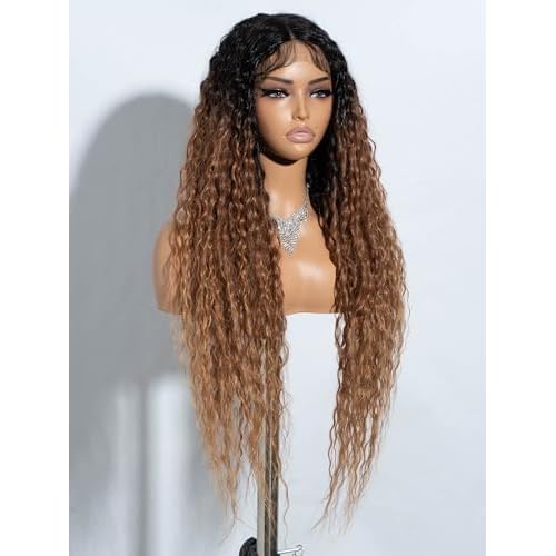 Joedir 32" Long Deep Curly Wavy Lace Front Synthetic Wigs HD Transparent Glueless Lace Wig Heat Resistant Fiber Pre Plucked Hairline with Baby Hair Wig for Women(Ombre Black to Honey Color)