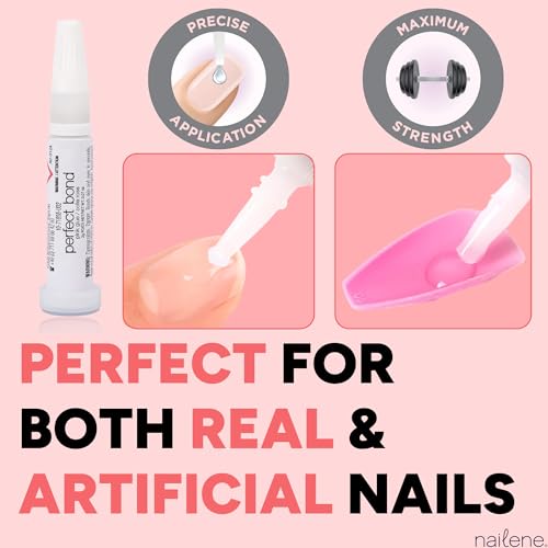 Nailene Perfect Bond Nail Glue, Super Strong, Durable, Easy to Apply Acrylic Nails, Press On Nails, Repairs Natural Nails, Quick Drying Nail Adhesive, Lasts 7 Days, Pink Tint, 2 g/0.07 oz, 2 Pack