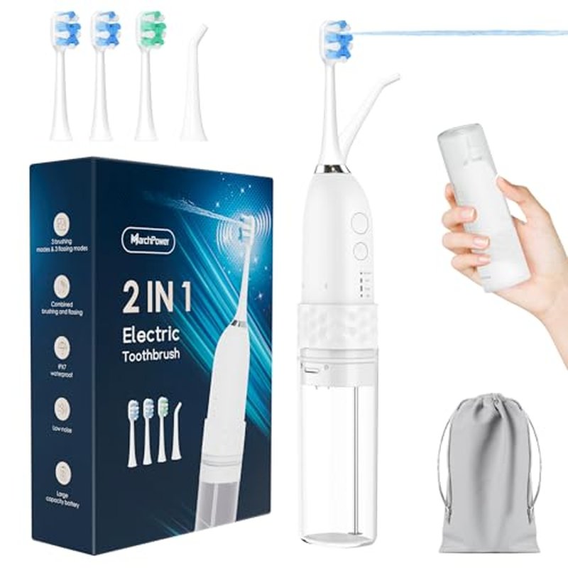 Upgraded 2-in-1 Electric Toothbrush with Water Flosser 2.0 ? Ultrasonic Brushing with Built-in Water Outlet, 3+4 Modes with Point-Jet, Portable Oral Irrigator, IPX7 Waterproof, for Travel & Home