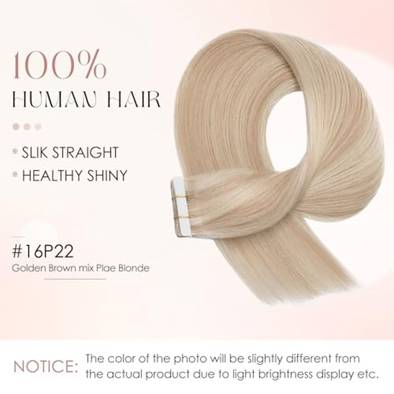 Human Hair Tape in Extensions-Double Stitched,SLEEKALON Free-cut Mini Tape ins Real Hair Extension Highlights Plae Blonde mix Brown Seamless Straight Double Side Tape Hair-20 Inch,20pcs 50g,#16P22