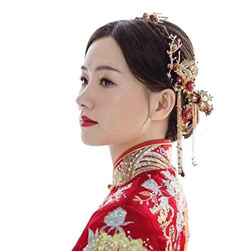 Women Gold Butterfly Hair Comb Traditional Chinese Wedding Headdress Accessories Red Pearl Stick Head Jewelry Bridal Headpiece