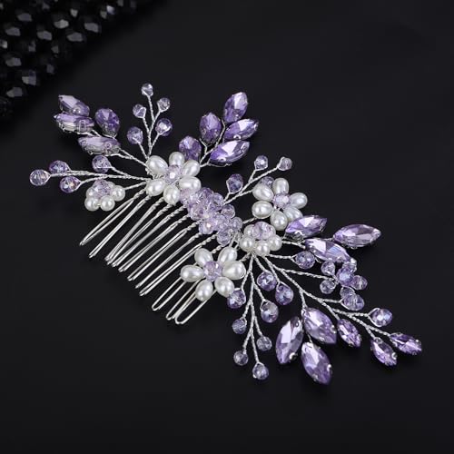 Teyglen Flower Pearl Bride Wedding Hair Comb Purple Crystal Hair Comb Bridal Hair Piece Decorative Hair Accessories for Bride Rhinestone Headpiece for Women Grils (Purple)