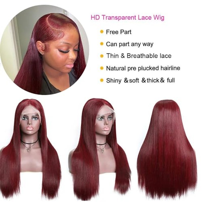 30 Inch Burgundy Wig Human Hair 180% Density 13x4 99J Burgundy Lace Front Wigs Human Hair Pre Plucked Wine Red Colored Straight Wigs Human Hair Glueless Frontal Wigs for Women Red Wig