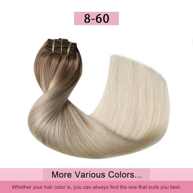 Pro2.0 Clip in Hair Extensions Real Human Hair 120g Thick 7pcs Color #8/60 Ash Brown to Platinum Blonde Remy Real Human Hair Extensions Clip ins 14inch Double Weft£¨#8/60-14inch£©