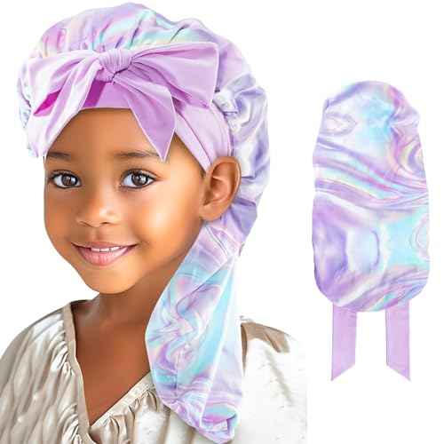 Lolalet Kids Bonnets for Girls, Long Silk Bonnet for Sleeping Kids Satin Bonnet Cap with Tie Band for Dreadlocks Braid Afro Curly Hair -1 PC, Laser
