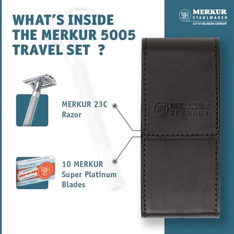MERKUR 5005 Travel Shaving Set featuring MERKUR 23C Three-piece Safety Razor with Long Handle & Bright Chrome Finish, 10 Double Edge Blades & Black Leather Case | Made In Germany