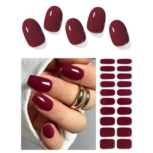 Semi Cured Gel Nail Strips (Burgundy Red), 20 Pcs Gel Nail Wraps, Stickers, UV Light Required, Salon Quality, Long Lasting