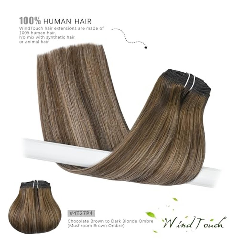 WindTouch Clip in Hair Extensions Ombre Medium Brown to Caramel Blonde Balayage Clip in Hair Extensions Real Human Hair 16Inch 7Pcs 120g