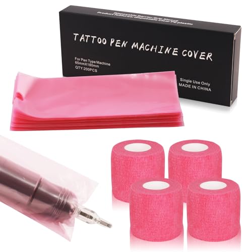 Machine Pen Covers Grip Tape 204Pcs - Combofix 200Pcs Machine Covers and 4Pcs Tattoo Grip Wrap Pink Tattoo Pen Bags Combination Grip Self-Adherent Tape Pen Sleeves Tattoo Supplies
