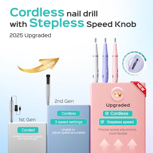 COSLUS Cordless Electric Nail Drill File: Nail Drill Machine with Stepless Speed Knob for Acrylic Gel Dip Powder Polish, Professional Portable Manicure Pedicure Rechargeable for Home Salon Use Purple