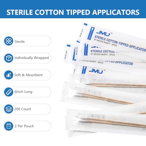 JMU 6 Inch Sterile Cotton Tipped Applicators, 200 Count Long Cotton Swabs, Wood Shaft Medical Swabs