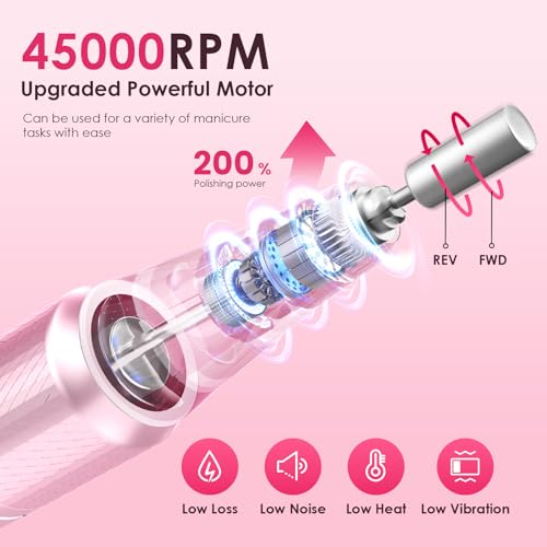 Professional Electric Nail Drill 45000RPM (Portable & Rechargeable) (with 11 Drill Bits ) Cordless Nail File Machine for Shaping, Polishing & Removing Gel Nails for Salon Home (Pink)
