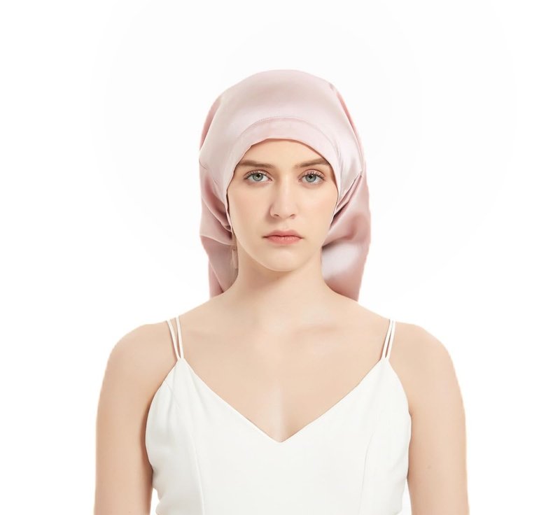 100% Mulberry Silk Bonnet 19 Momme - Long Sleeping Cap, Tie Band for Braids & Curly Hair - Silk Hair Wrap for Women Night Cap Light Pink