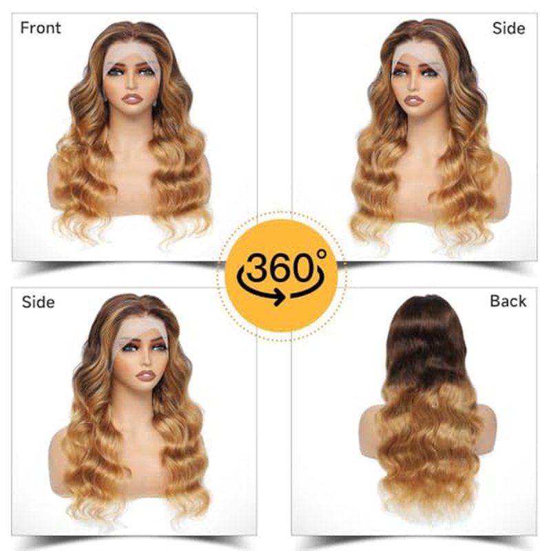 SUPER STYLE 28 Inch Ombre 4/27 Honey Blonde Body Wave 13x4 Lace Frontal Wig Human Hair Wigs Pre Plucked with Baby Hair for Women