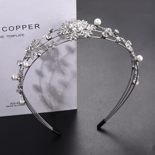 Christmas Headband Silver Snowflake Headband Pearl Christmas Party Headbands for Women Holiday Hair Hoop (Snowflake/Silver)