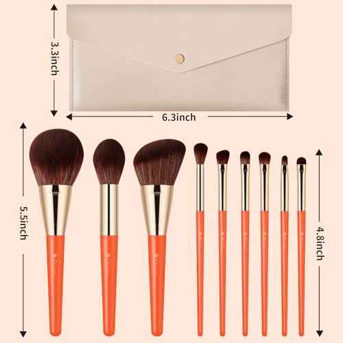 DUcare Makeup Brushes 9Pcs Vegan Makeup Brush Set with Travel Pouch - Face & Eye Brush Kit for Powder Contour Blush Concealer Eyeshadow Blending & Detailing, Synthetic Bristles,Orange