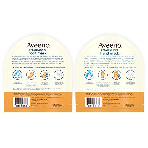 Aveeno Repairing CICA Foot Mask & Hand Mask with Prebiotic Oat and Shea Butter, for Extra Dry Skin, 1 ea