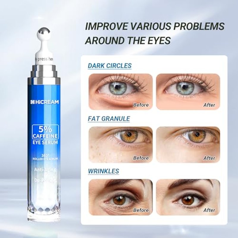 Eye Cream with 5% Caffeine Hyaluronic Acid, Eye Serum with 360¡Æ Roller Massage Ball for Puffy, Fine Lines, Dark Circles and Wrinkles, Under eye Treatment Serum for Women & Men