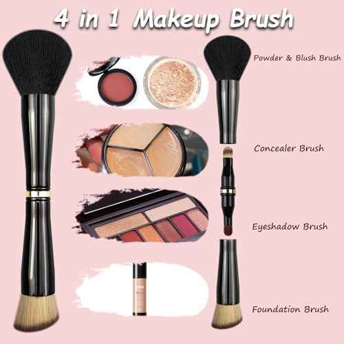 4 in 1 Makeup Brush Set - All in One Powder/Blush, Foundation, Blending & Eyeshadow Brushes, Compact & Travel Essential