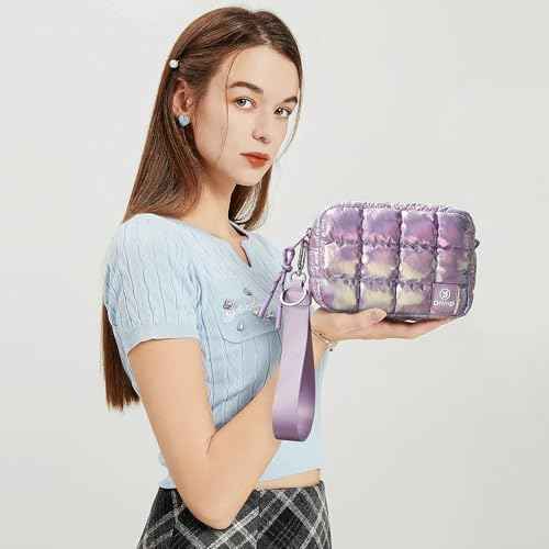 Quilted Cosmetic Bag, Puffer Makeup Bags, Crossbody Purses for women,Cute Travel Toiletry Bag for Women (Dazzling Light Purple)