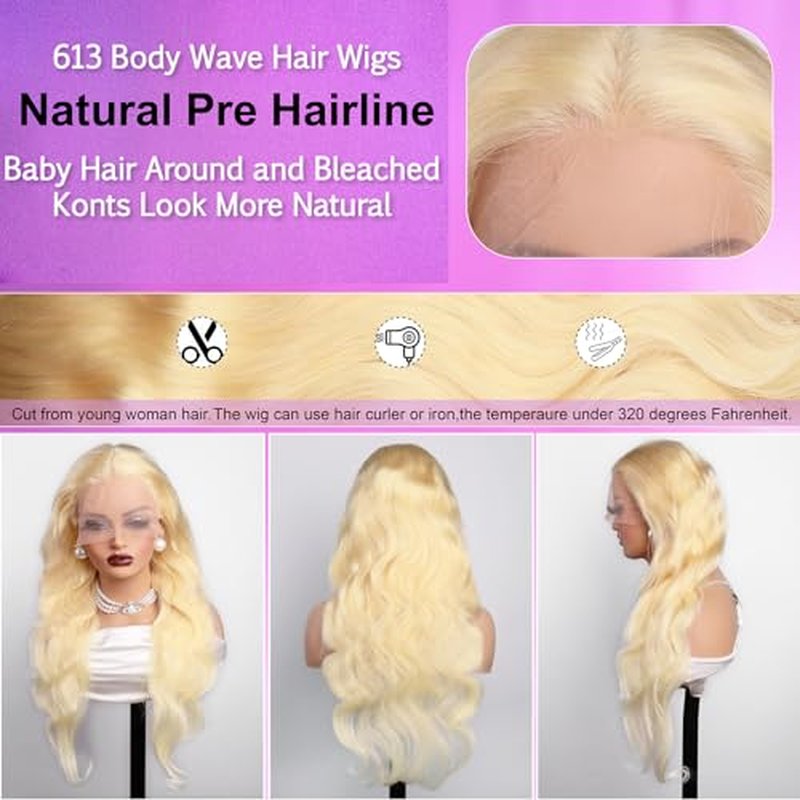 613 Blonde 28 Inch 13X6 HD Lace Front Wigs Human Hair Body Wave 613 Wig Loose Body Wave 13X6 Transparent Lace Frontal Wigs 100% Human Hair Pre Plucked with Baby Hair Daily Wear Wig for Woman