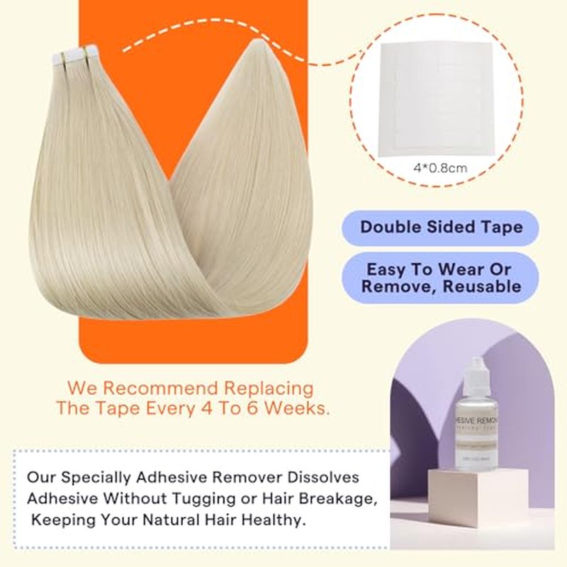 Full Shine Tape in Extensions Human Hair 24 Inch Color 60 Platinum Blonde Seamless Double Sided Tape Ins Human Hair Extensions for Thin Hair 20 PCS Invisible Brazilian 50g for Women