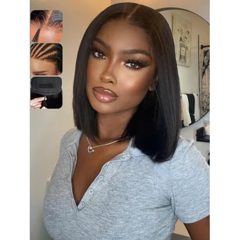 KLAIYI Bob Wig Human Hair Bye Bye Knots Glueless Wear and Go Wig with Drawstring Pre Cut 7x5 Lace Front Pre Plucked Bleached Short Straight Put on Go Beginner Wigs 3S Ready to Go Pre Everything 10Inch