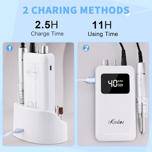 Kredioo Professional Nail Drill Brushless 40,000RPM Rechargeable 2-in-1 Portable Electric Nail File Ultra Silent Salon Must Haves Nail Tool Kit Removing Acylic Gels