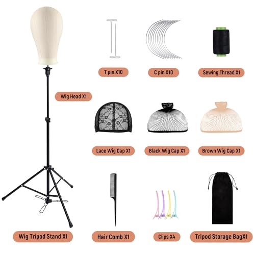 HYOUJIN Wig Stand with Adjustable Mannequin Head, Tripod Stand, Canvas Block Head, Wig Caps, T-Pins, Carry Bag (35.4-52.4in)