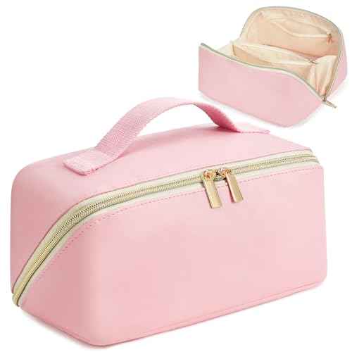 for Christmas Day Gifts, Makeup Bag for Women, PU Leather Travel Toiletry Bags, Initial Make Up Cosmetic Pouch for Teen Girls, Wide Open Portable Skincare Bag, Personalized Birthday Gifts, Pink