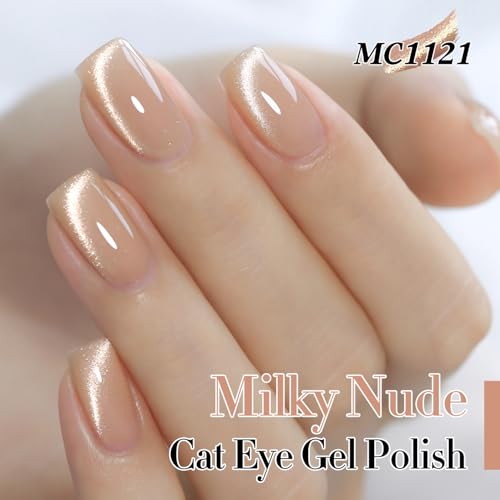 Double Rhythm Cat Eye Gel Polish with Magnet 15ML Ice Glass Holographic Glitter Shimmer Translucent Sheer Color Salon Soak Off Magnetic at Home (Milky Nude-MC1121)