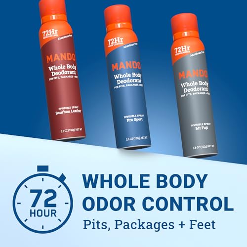 Mando Whole Body Deodorant For Men - Invisible Spray Deodorant - 72 Hour Odor Control - Low Irritation Formula - Aluminum Free, Benzene Free - 3.6 ounce - 3pk - Bourbon Leather, Mt Fuji, Pro Sport