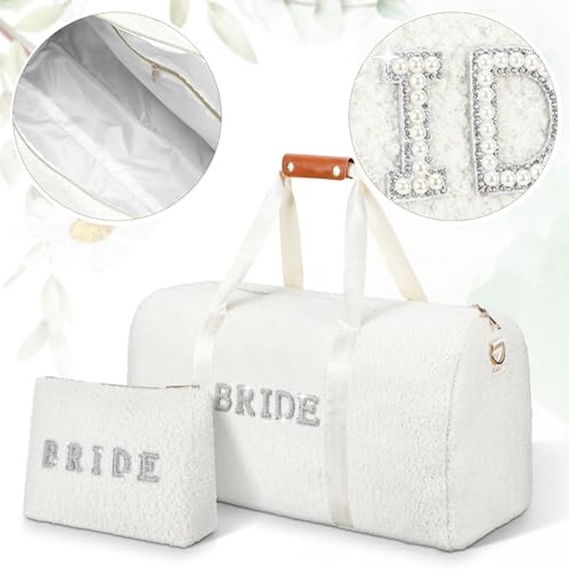 2 Pcs Bride Travel Bag Bridal Shower Gifts Wool Plush Bride Weekender Bag with Shoes Compartment Shoulder Pearl Rhinestone Patch Makeup Gift for Wedding Engagement Honeymoon