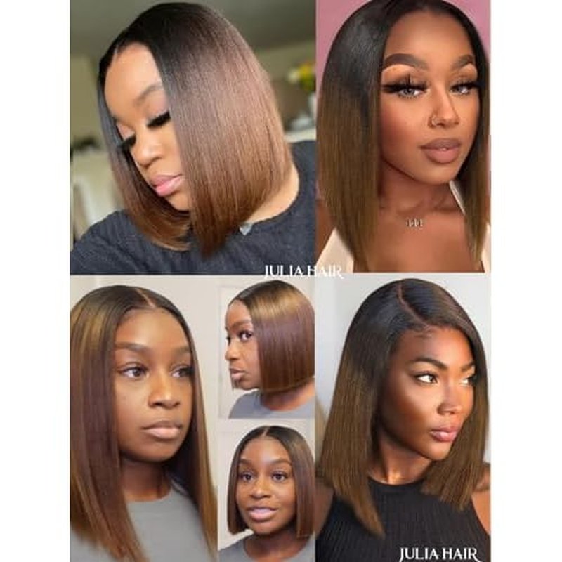 Julia Hair 10 Inch Light Yaki Bob Wigs Human Hair Glueless Bye Bye Knots 7x5 HD Pre Cut Lace Wig Chestnut Brown Ombre Human Hair Lace Closure Pre Plucked Bleached Invisible Knots Natural Hairline