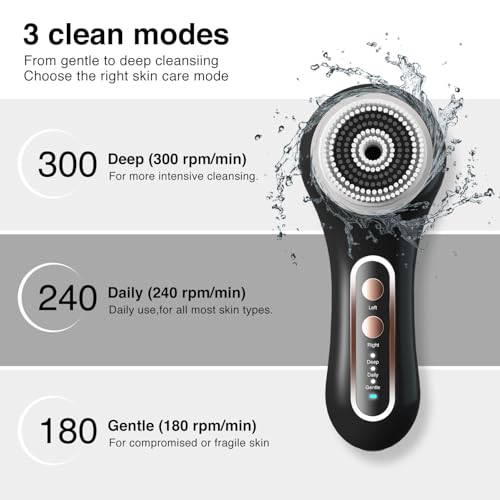 Face Scrubber Exfoliator, Rechargeable Facial Cleansing Brush with 5 Brush Heads, Deep Cleaning for All Skin Types, Black