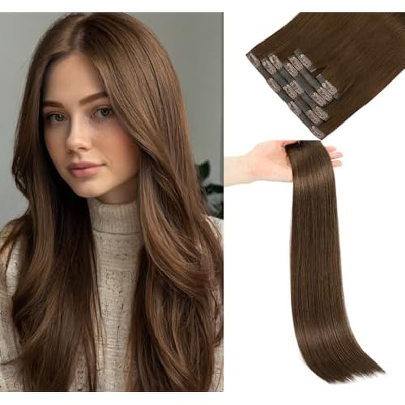 LOVELINE Seamless Clip in Hair Extensions Real Human Hair, Luxury Remy Human Hair Extensions Clip ins for Women, 22 Inch 110g 7Pcs, Chocolate Brown